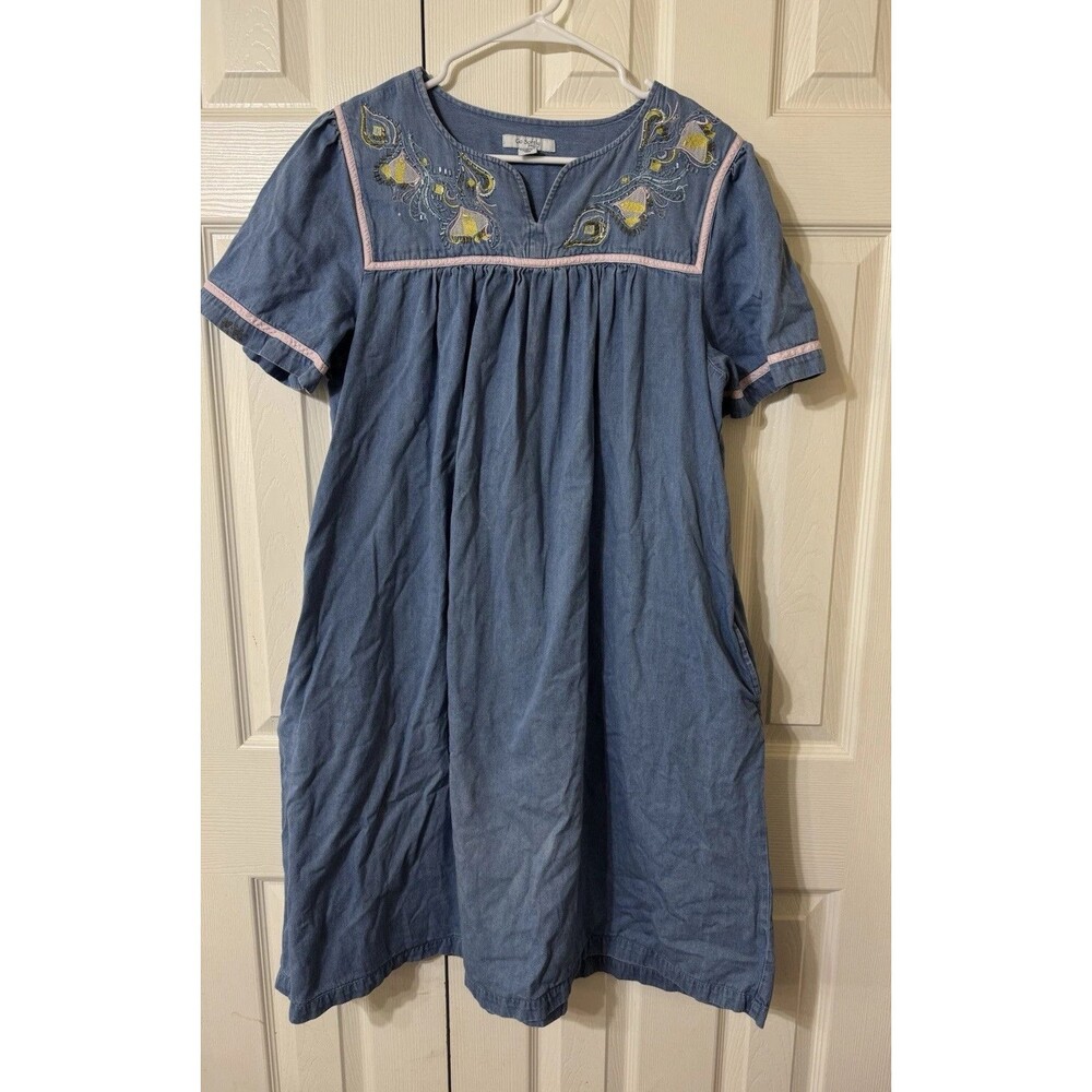 Go Softly Patio Denim Dress‎ Embroidered Feather Peacock Western Retro Cowgirl L